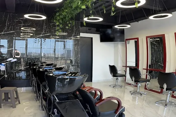 Salón con muro de mármol negro, luminarias circulares y vegetación